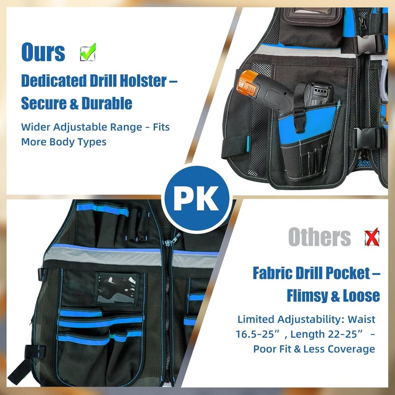 TooCust Tool Vest, Electrician Tool Vest with Drill Holster, 17 Compartments, Reflective Workwear with Tool Pockets, Adjustable Waist & Upgraded Comfortable Neck Opening (Blue) - Image 2